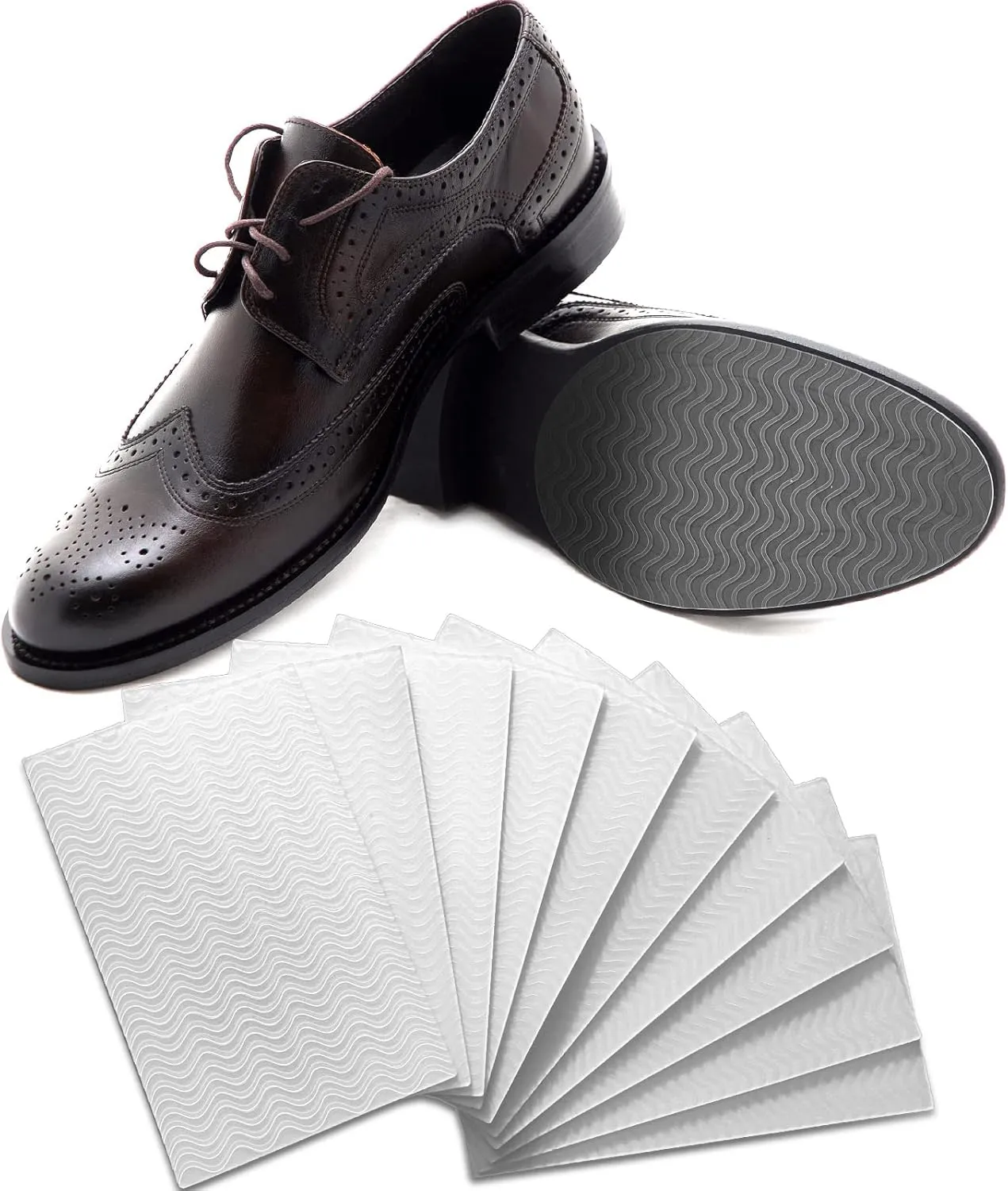 10 Pcs Non Slip Sole Protector Pads Anti Skid Treads 3.1 x 5.1 Inches Adhesive Grip Pads Rubber for Bottom of Men Women Shoes Heels or Boots Replacement (Clear, Wave)