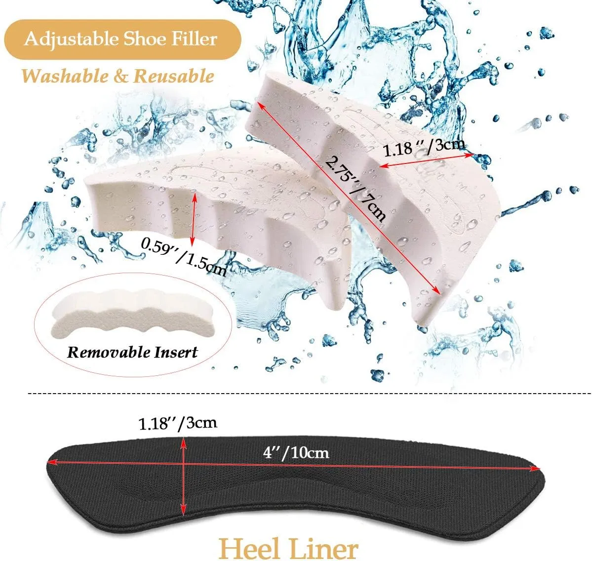 4 Pairs Adjustable Shoe Filler and 4 Pairs Heel Grip Liner Insert, Reusable Toe Plug Foot Brace Pads for Men and Women Pumps Flats Sneakers
