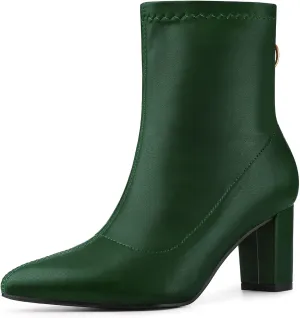Allegra K Women's Pointy Toe Back Zip Block Heel Ankle Boots