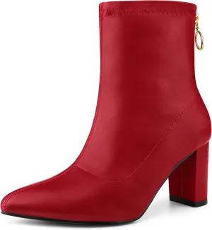 Allegra K Women's Pointy Toe Back Zip Block Heel Ankle Boots