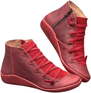 Ankle Booties for Women Flat Heel,Womens Ankle Boots Fashion Lace Up Side Zip Vintage Booties Low Heel Arch Support