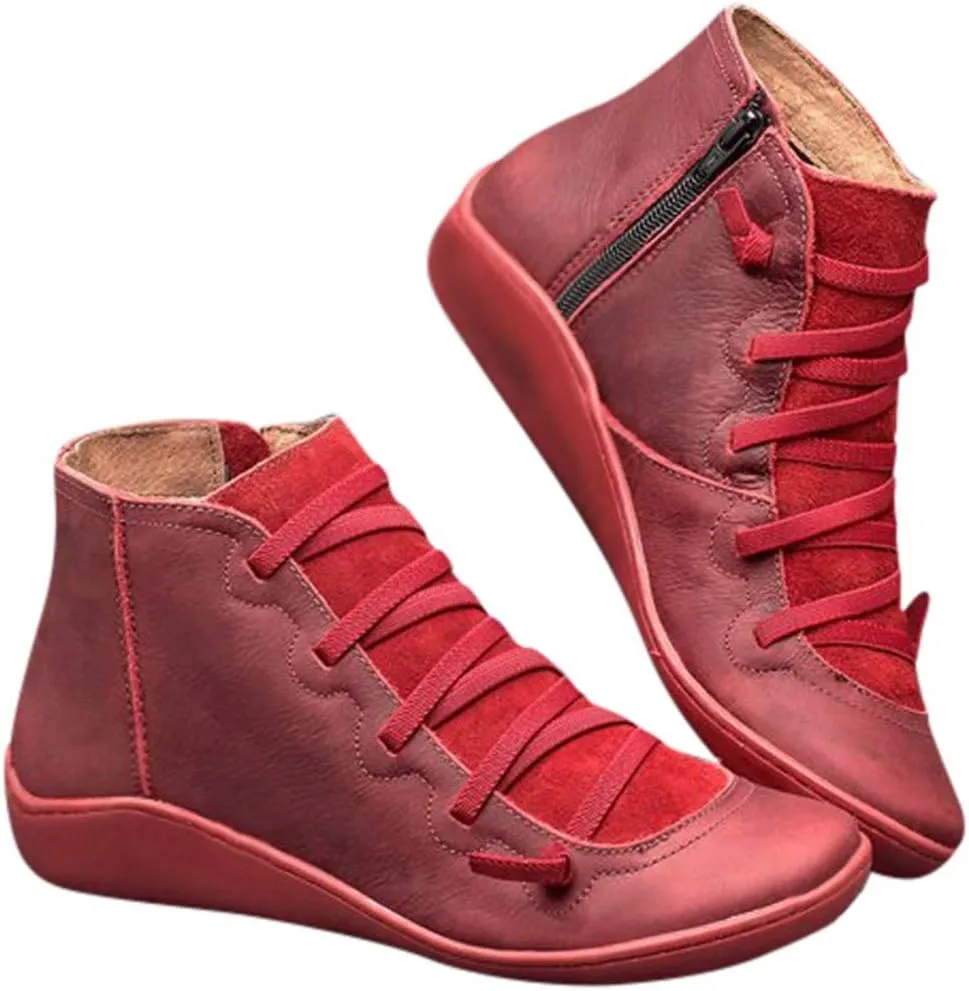 Ankle Booties for Women Flat Heel,Womens Ankle Boots Fashion Lace Up Side Zip Vintage Booties Low Heel Arch Support