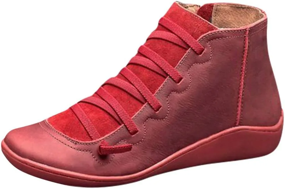 Ankle Booties for Women Flat Heel,Womens Ankle Boots Fashion Lace Up Side Zip Vintage Booties Low Heel Arch Support