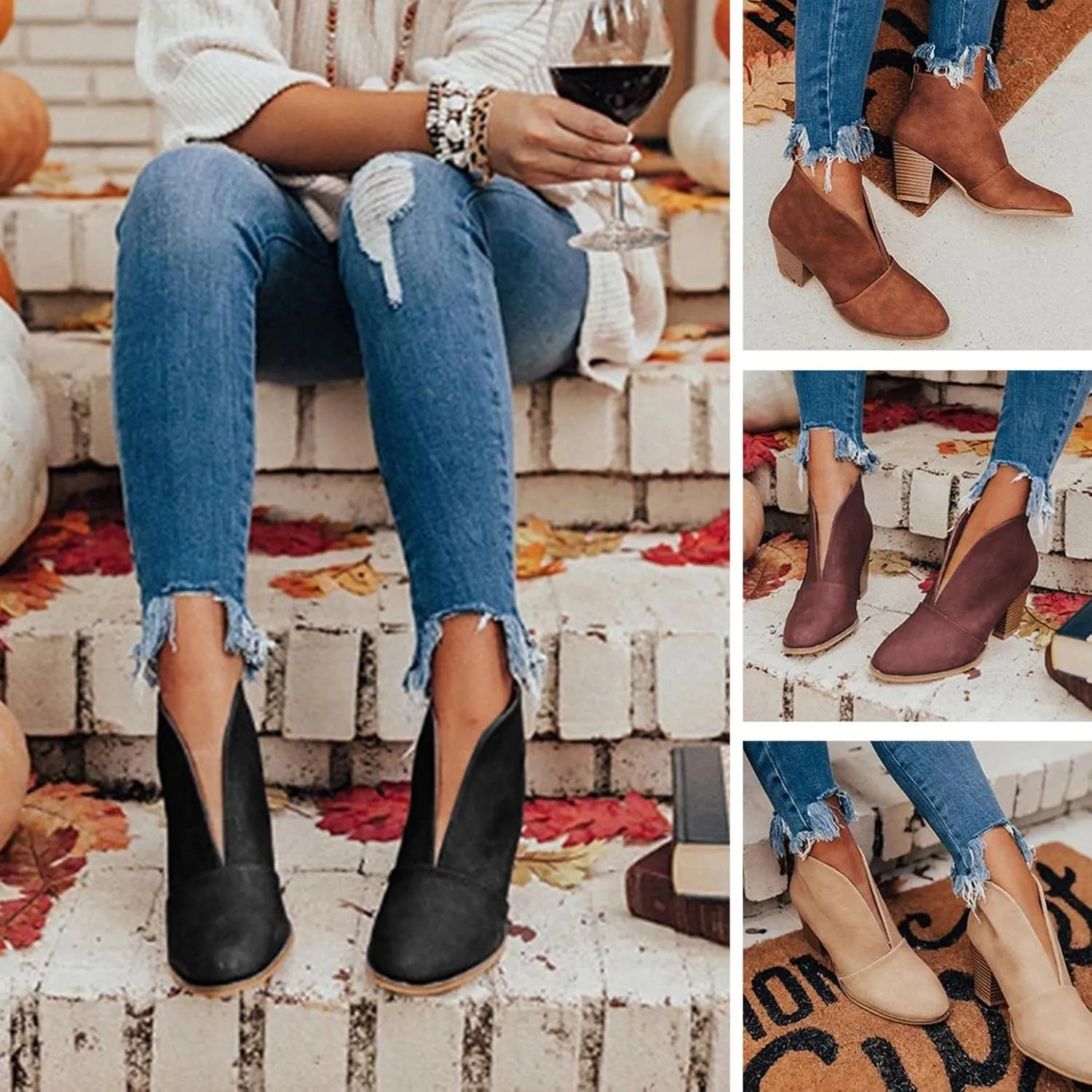 Ankle Booties for Women Low Heel,Rhinestone Ankle Booties Comfy Short Boots Chunky Block Western Shoes