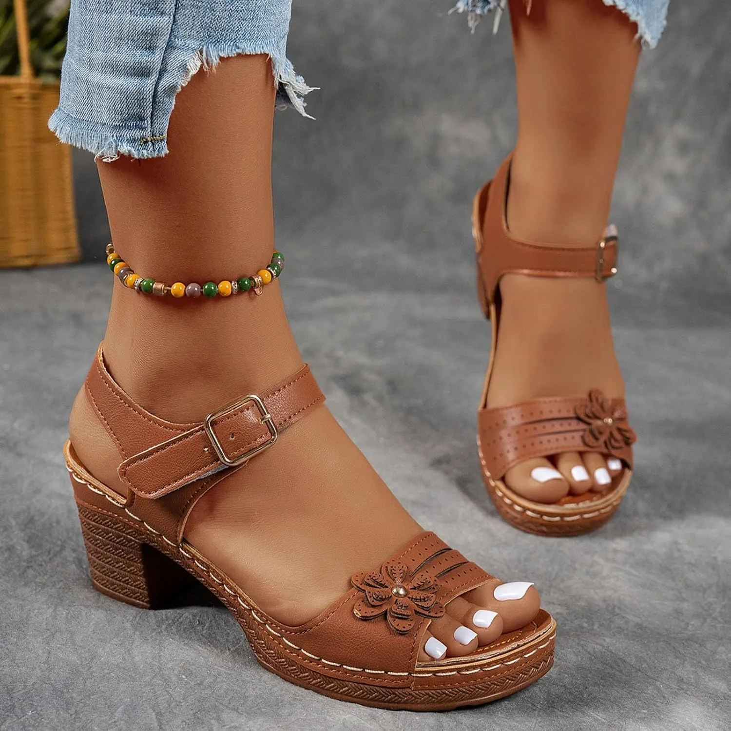 Block Heeled Sandals for Women Chunky Heels Prom Round Open Toe Buckle Ankle Strap Wedding Bridal Shoes Fashion Comfortable Walking Summer Dress Shoes Casual Pumps