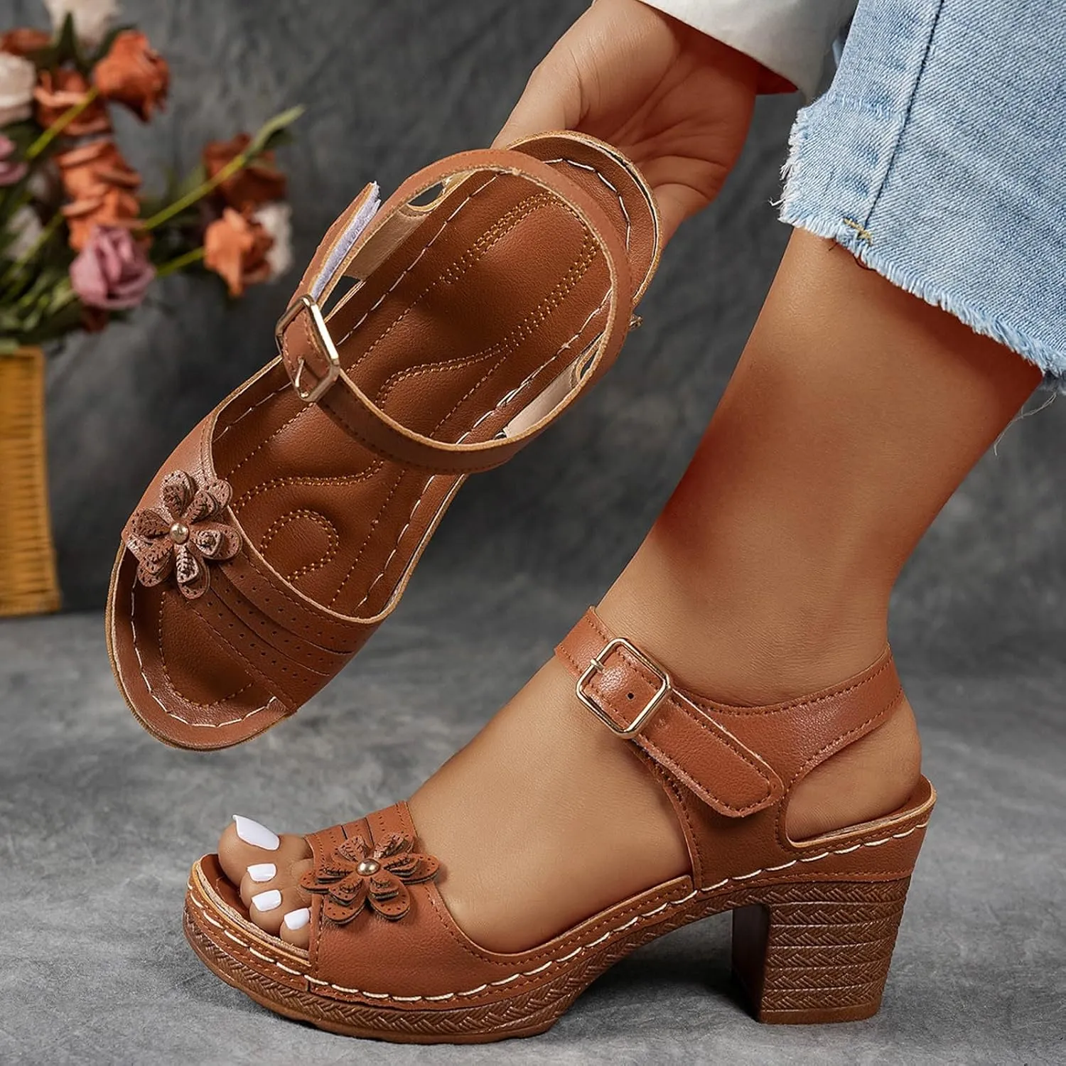 Block Heeled Sandals for Women Chunky Heels Prom Round Open Toe Buckle Ankle Strap Wedding Bridal Shoes Fashion Comfortable Walking Summer Dress Shoes Casual Pumps
