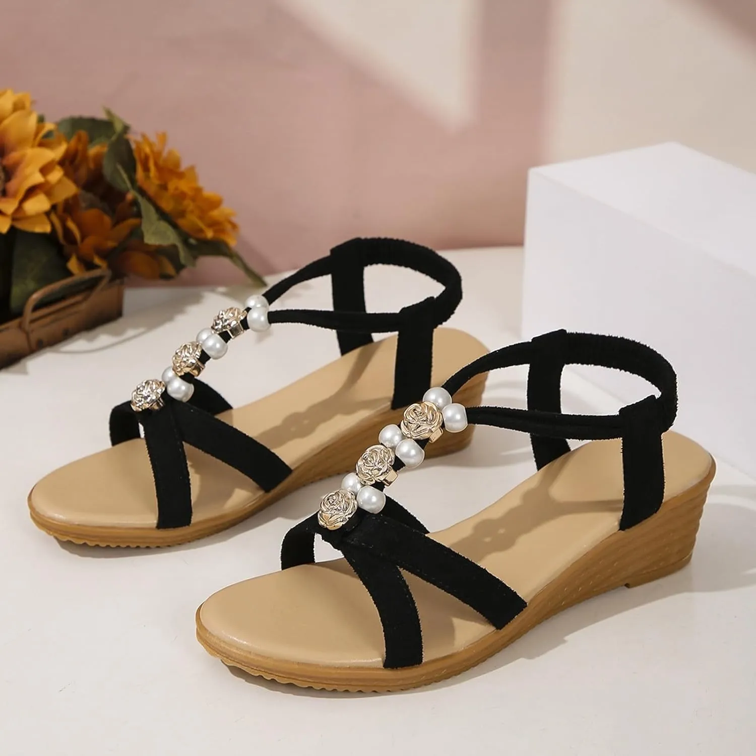 Bohemian Sandals Women Cute Wide Width Low Heel Wedge Sandals Dressy Summer Comfort Ankle Strap Beach Walking Sandal