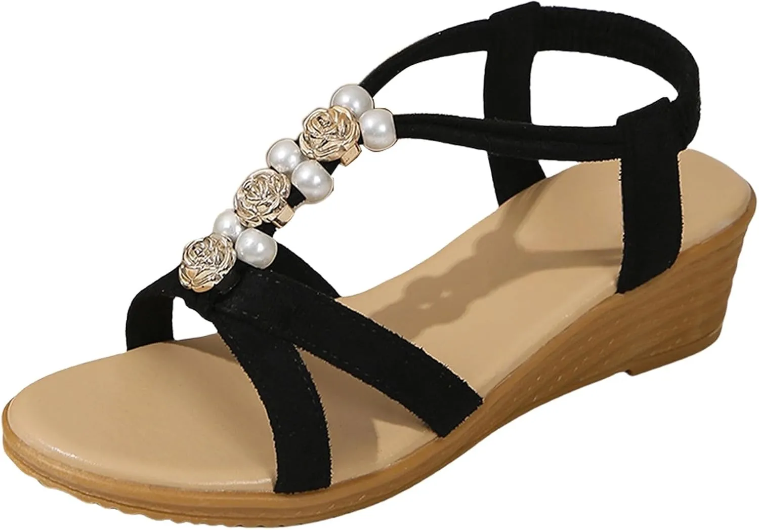 Bohemian Sandals Women Cute Wide Width Low Heel Wedge Sandals Dressy Summer Comfort Ankle Strap Beach Walking Sandal