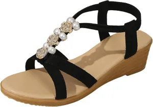 Bohemian Sandals Women Cute Wide Width Low Heel Wedge Sandals Dressy Summer Comfort Ankle Strap Beach Walking Sandal