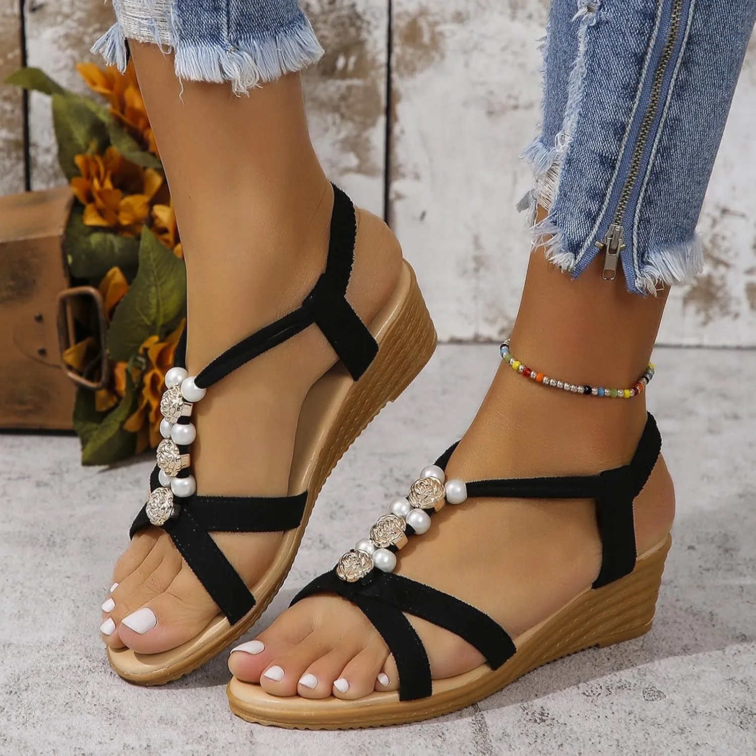 Bohemian Sandals Women Cute Wide Width Low Heel Wedge Sandals Dressy Summer Comfort Ankle Strap Beach Walking Sandal