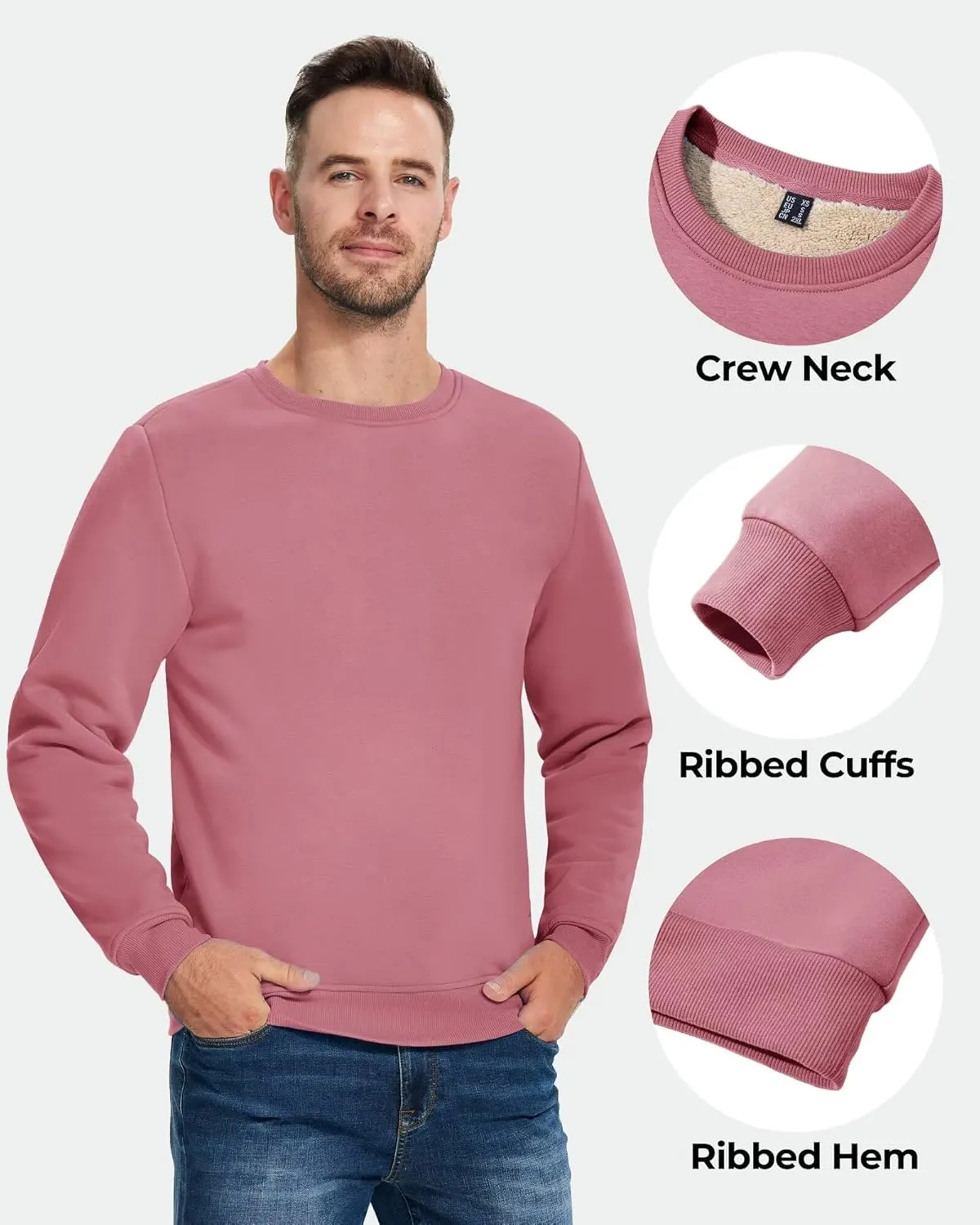 Boladeci Men's Full Sherpa Lined Crewneck Sweatshirts Premium Heavy-weight Fleece Pullover Thick Thermal Cotton Sweat-Shirts