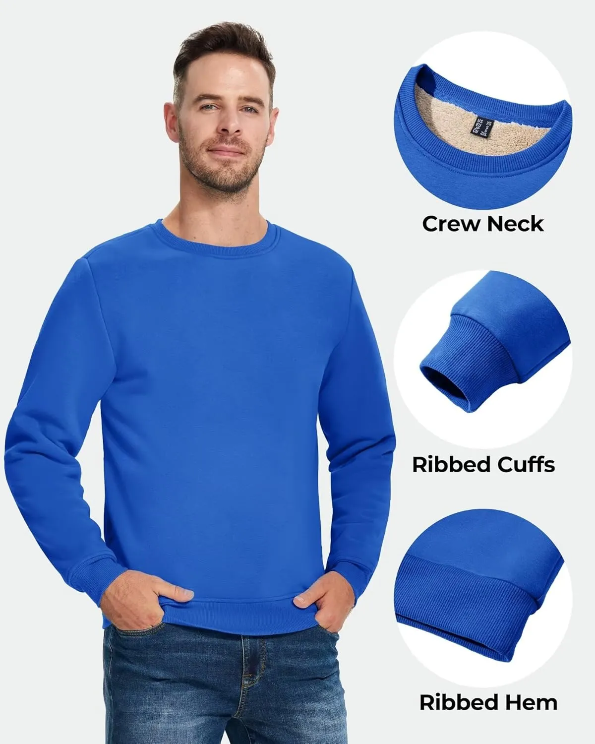 Boladeci Men's Full Sherpa Lined Crewneck Sweatshirts Premium Heavy-weight Fleece Pullover Thick Thermal Cotton Sweat-Shirts