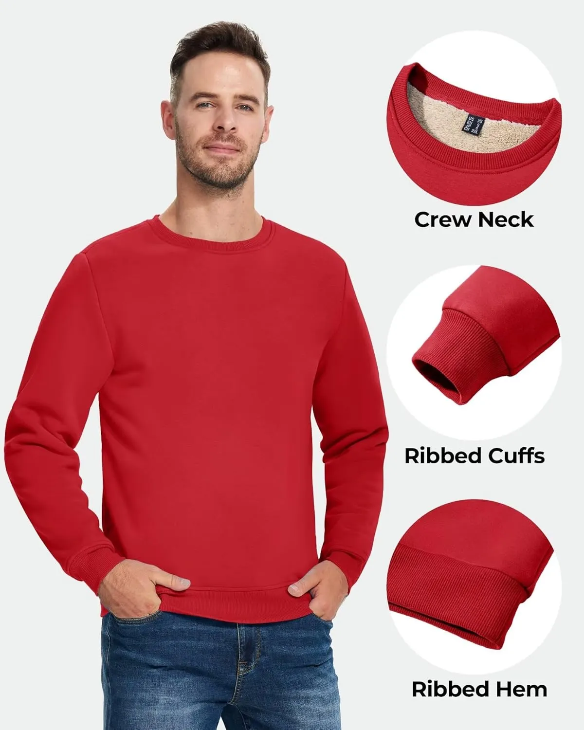Boladeci Men's Full Sherpa Lined Crewneck Sweatshirts Premium Heavy-weight Fleece Pullover Thick Thermal Cotton Sweat-Shirts