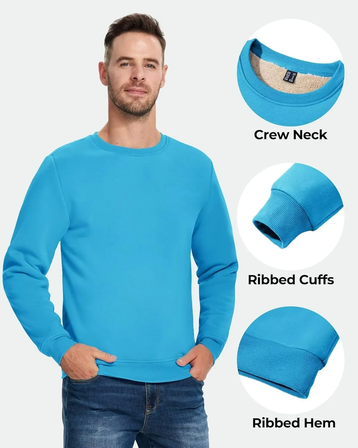 Boladeci Men's Full Sherpa Lined Crewneck Sweatshirts Premium Heavy-weight Fleece Pullover Thick Thermal Cotton Sweat-Shirts