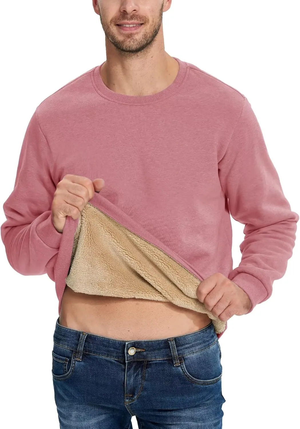Boladeci Men's Full Sherpa Lined Crewneck Sweatshirts Premium Heavy-weight Fleece Pullover Thick Thermal Cotton Sweat-Shirts