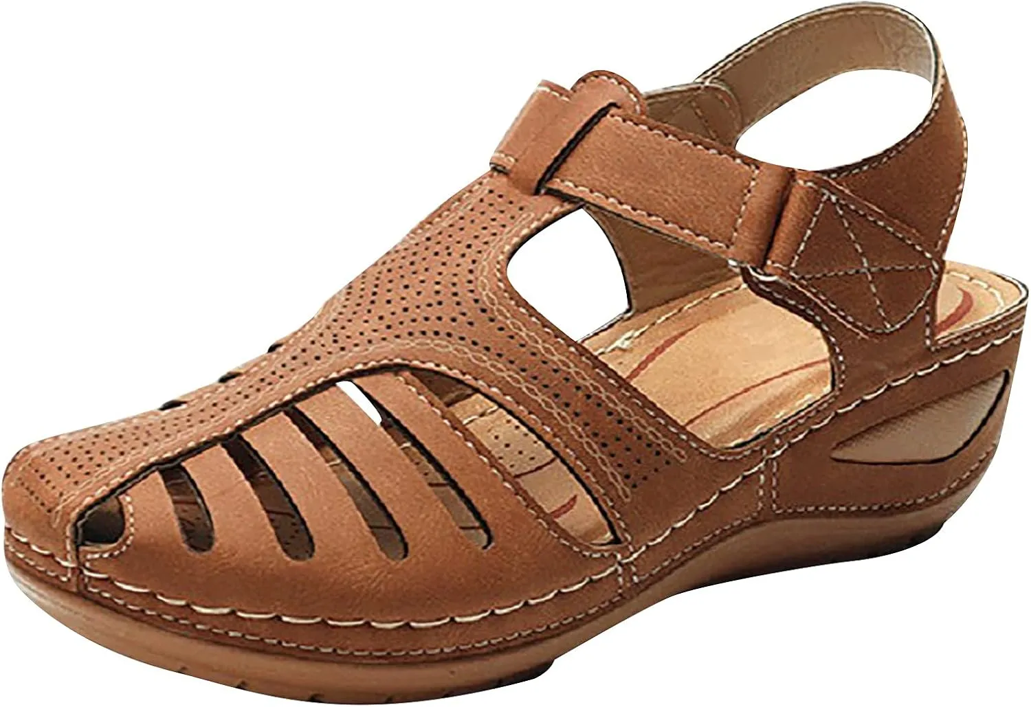 Bravetoshop Womens Wedge Sandals, Comfort Hook and Loop Summer Athletic Flat Sandals Walking Shoes (Brown,7 US)