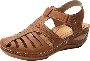 Bravetoshop Womens Wedge Sandals, Comfort Hook and Loop Summer Athletic Flat Sandals Walking Shoes (Brown,7 US)