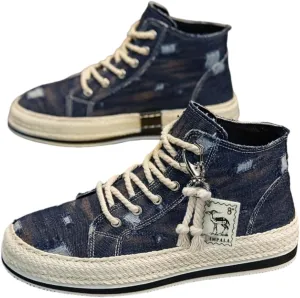 Breathable High Top Skate Shoes - Men's Distressed Denim Lace-up Sneakers with Good Grip