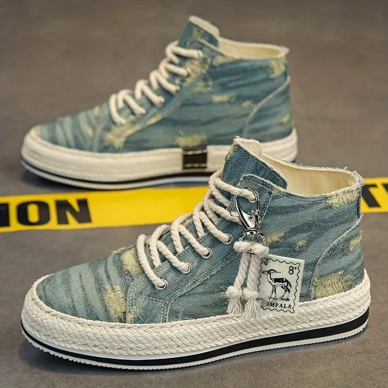 Breathable High Top Skate Shoes - Men's Distressed Denim Lace-up Sneakers with Good Grip