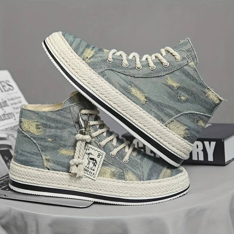 Breathable High Top Skate Shoes - Men's Distressed Denim Lace-up Sneakers with Good Grip