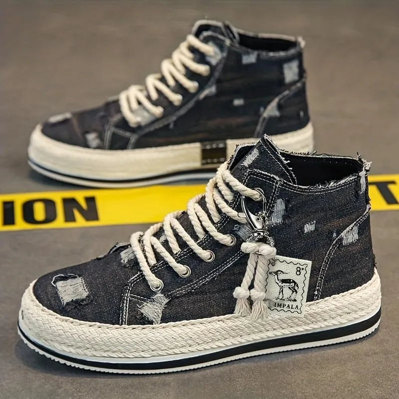 Breathable High Top Skate Shoes - Men's Distressed Denim Lace-up Sneakers with Good Grip