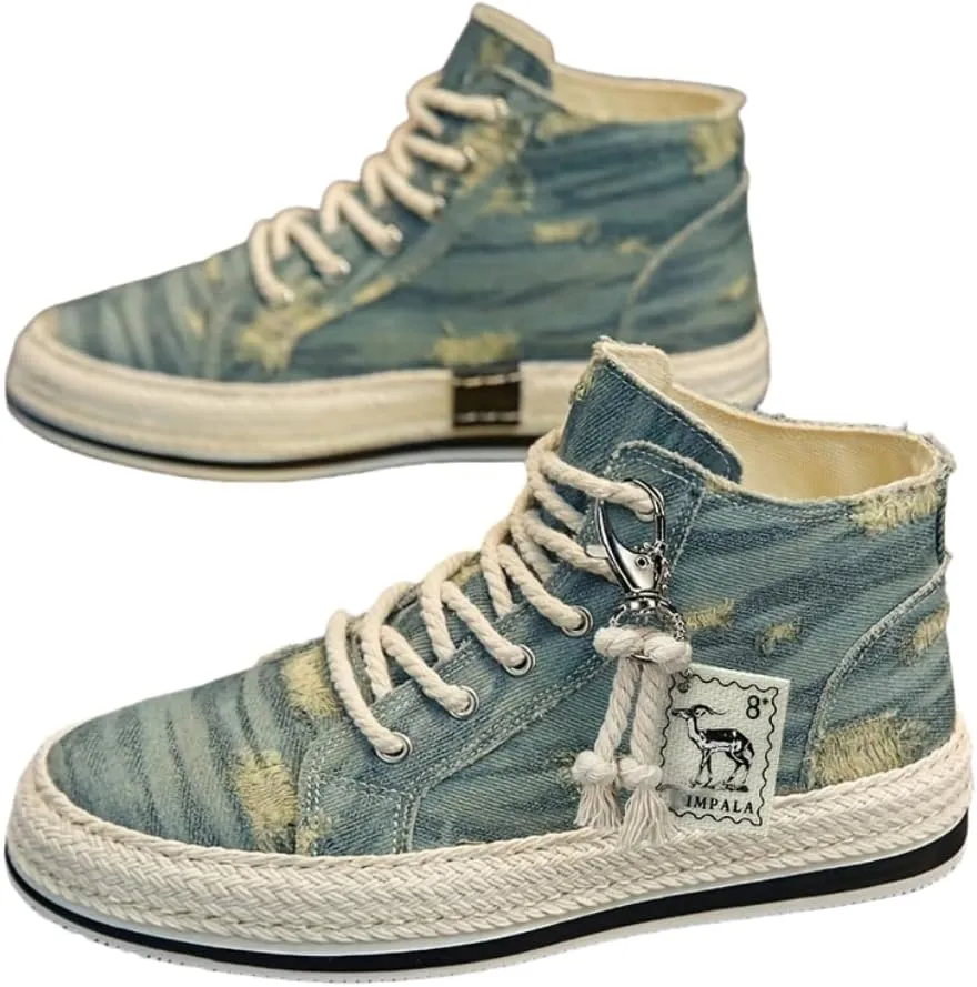 Breathable High Top Skate Shoes - Men's Distressed Denim Lace-up Sneakers with Good Grip