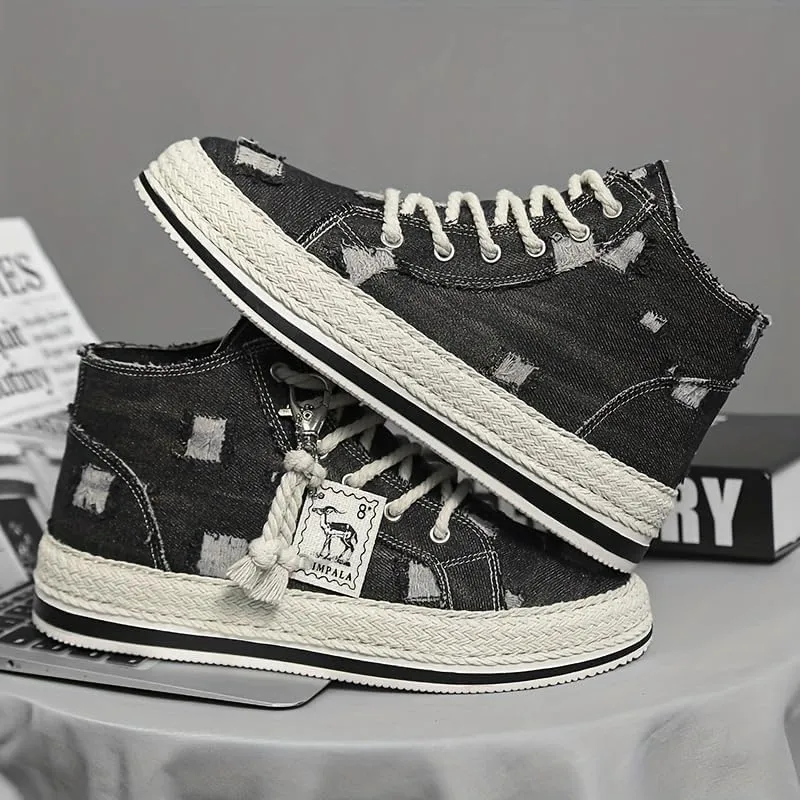 Breathable High Top Skate Shoes - Men's Distressed Denim Lace-up Sneakers with Good Grip
