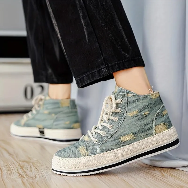 Breathable High Top Skate Shoes - Men's Distressed Denim Lace-up Sneakers with Good Grip