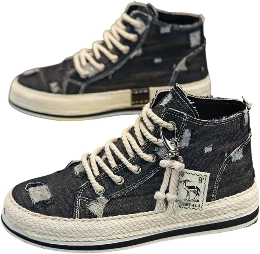 Breathable High Top Skate Shoes - Men's Distressed Denim Lace-up Sneakers with Good Grip