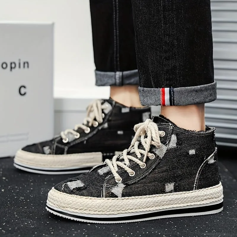 Breathable High Top Skate Shoes - Men's Distressed Denim Lace-up Sneakers with Good Grip