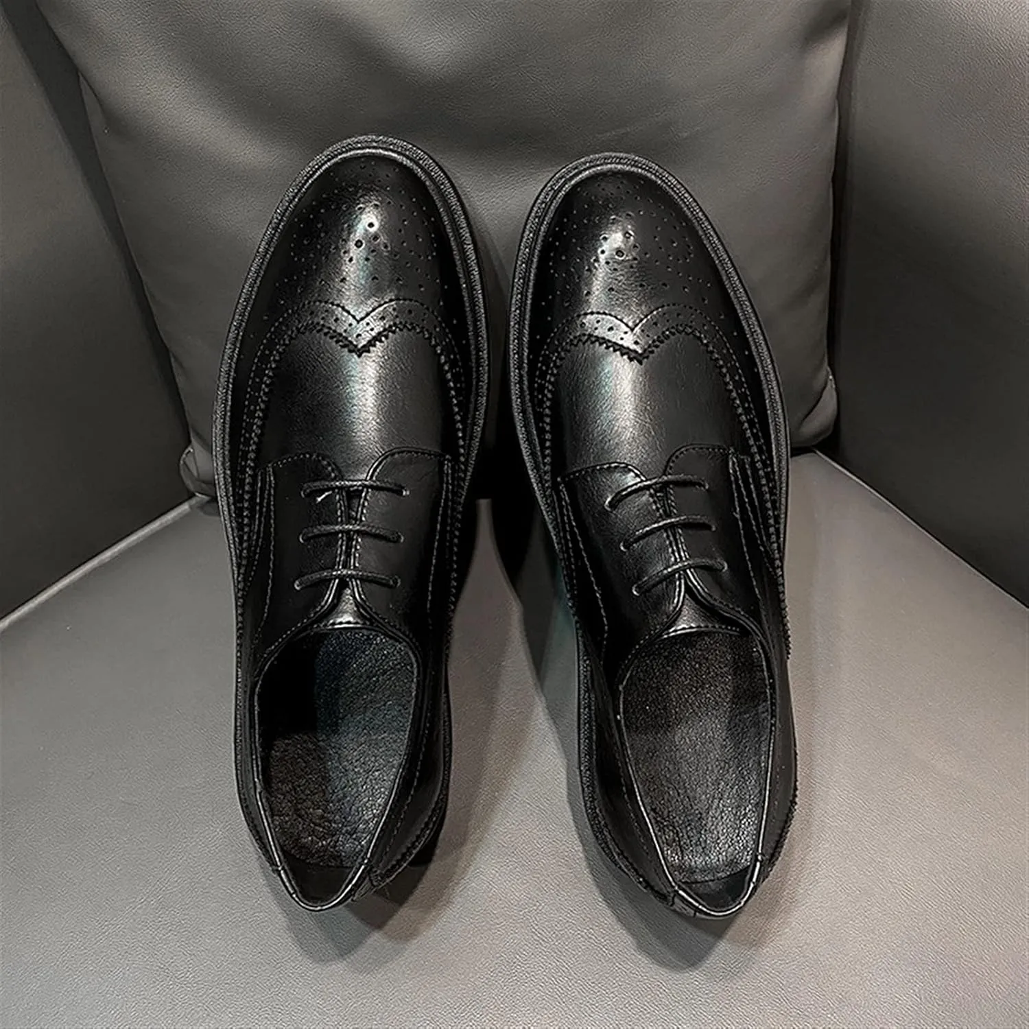 Brogue Carving Oxfords for Men Business Formal Height Increase Shoes Lace up Microfiber Leather Wing Tips Breathable Strong Anti-Slip Thick Sole Formal Men