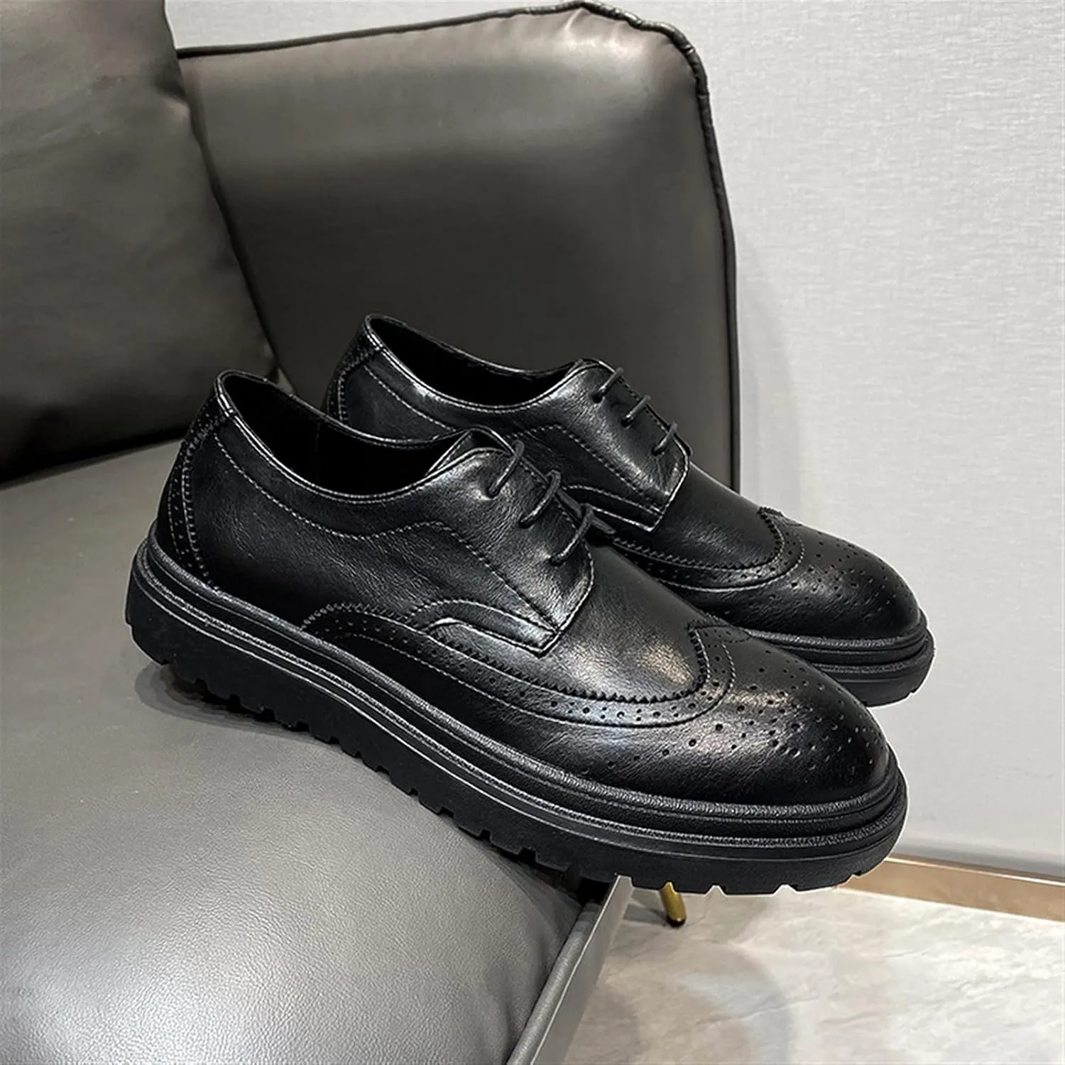 Brogue Carving Oxfords for Men Business Formal Height Increase Shoes Lace up Microfiber Leather Wing Tips Breathable Strong Anti-Slip Thick Sole Formal Men