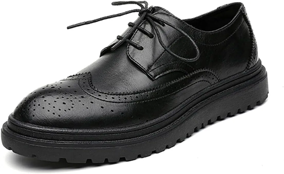 Brogue Carving Oxfords for Men Business Formal Height Increase Shoes Lace up Microfiber Leather Wing Tips Breathable Strong Anti-Slip Thick Sole Formal Men