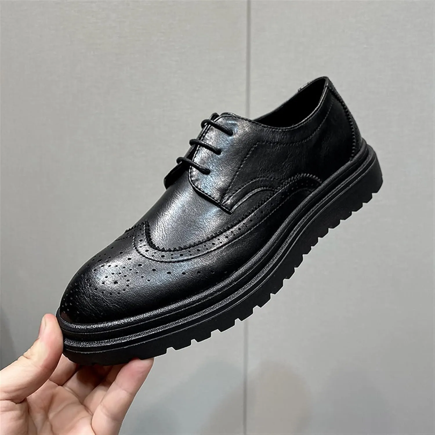 Brogue Carving Oxfords for Men Business Formal Height Increase Shoes Lace up Microfiber Leather Wing Tips Breathable Strong Anti-Slip Thick Sole Formal Men
