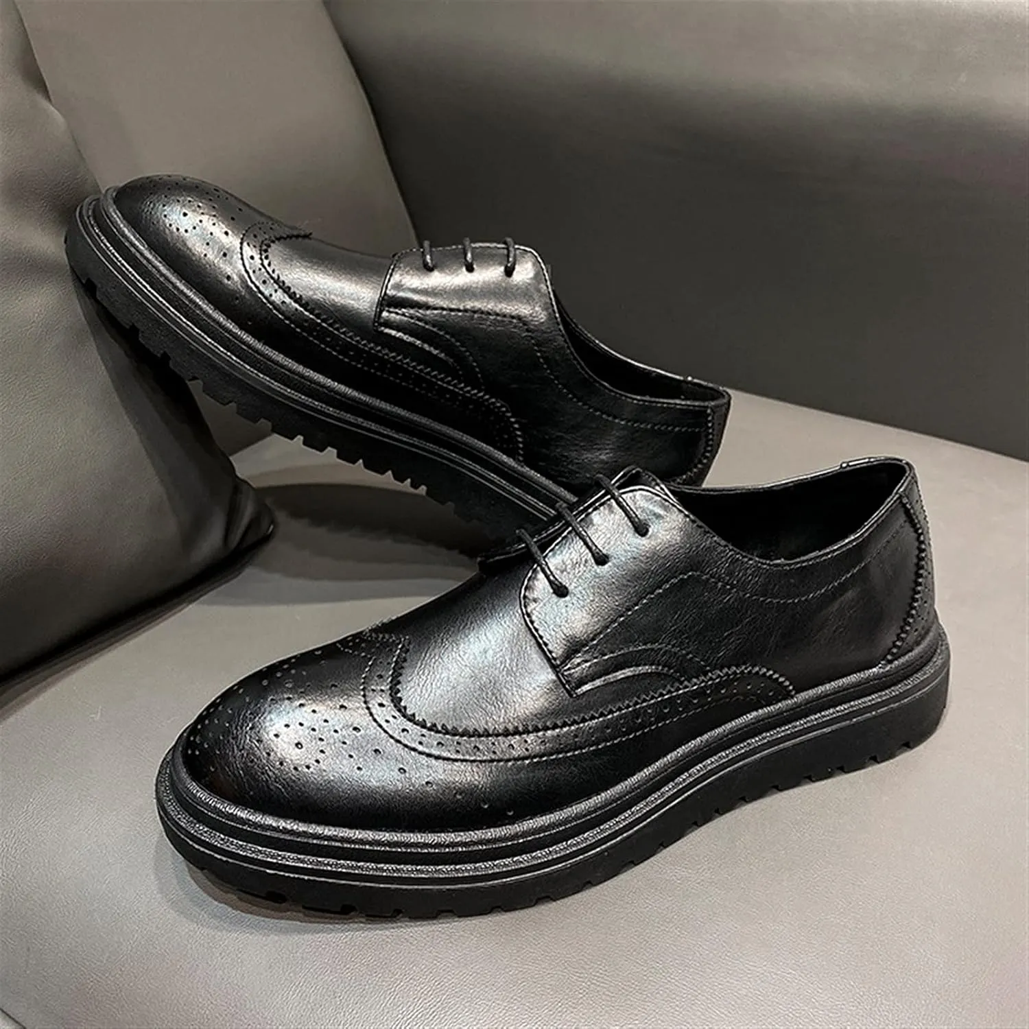 Brogue Carving Oxfords for Men Business Formal Height Increase Shoes Lace up Microfiber Leather Wing Tips Breathable Strong Anti-Slip Thick Sole Formal Men