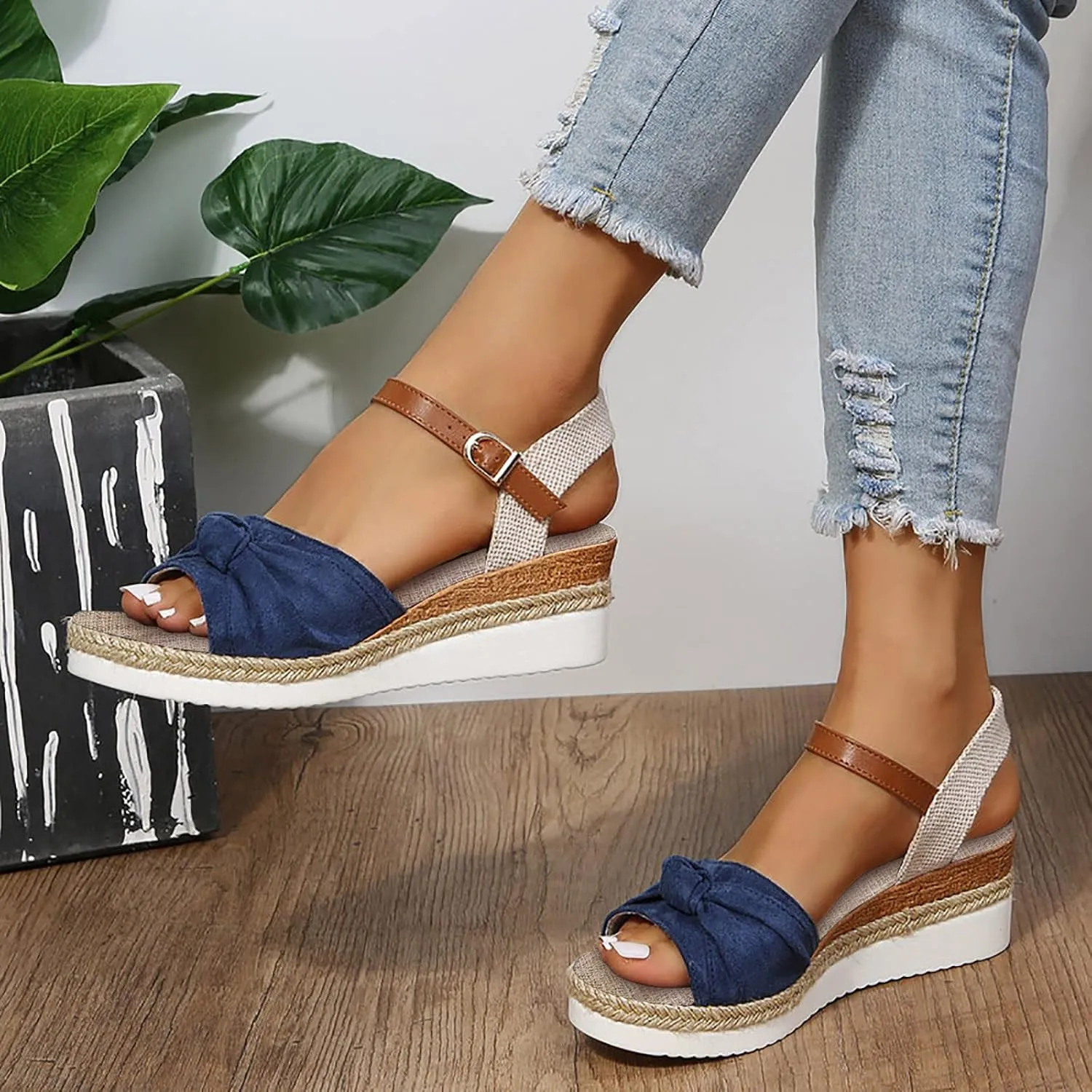 Cathalem Summer Sandals for Women 2024,Summer Platform Cork Wedges Espadrille Heel Strappy Leather Arch Support Sandals