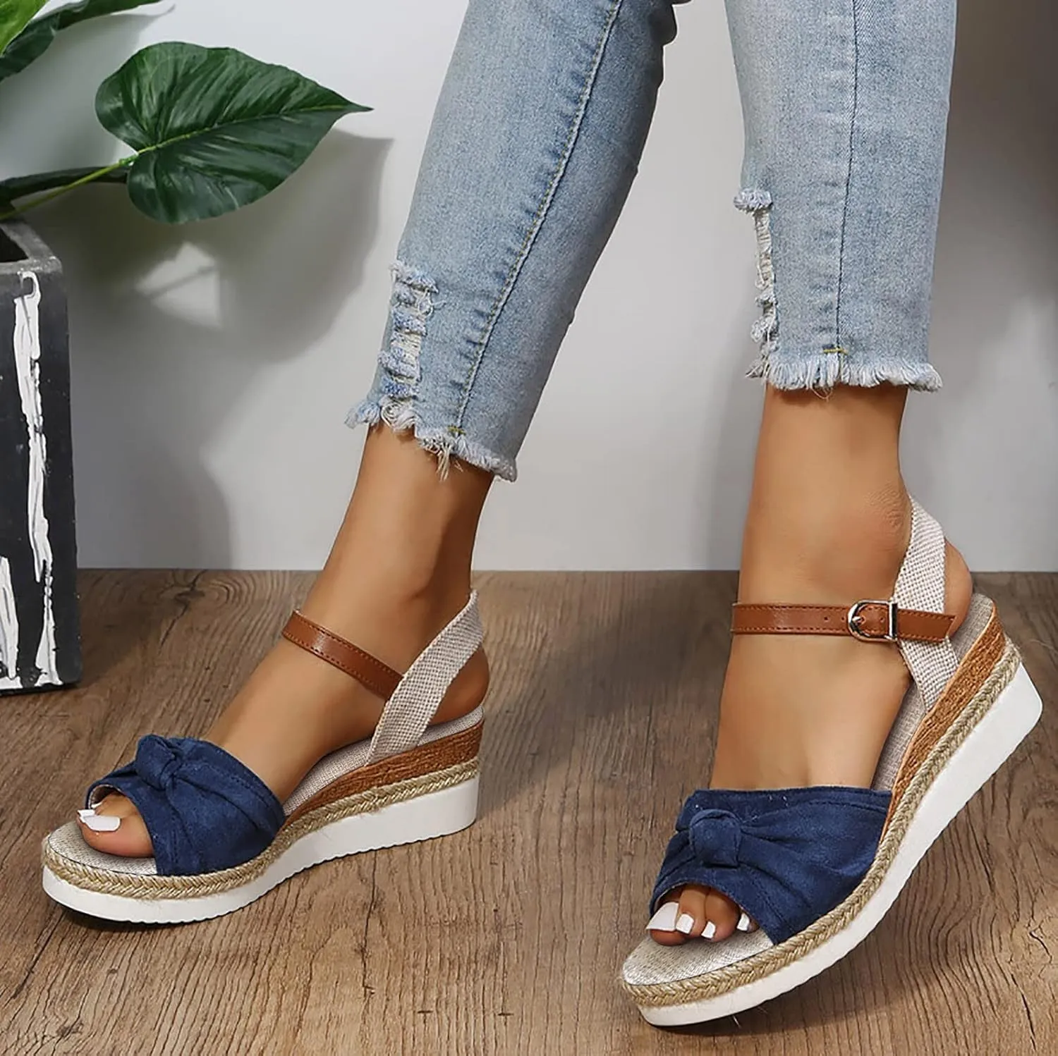 Cathalem Summer Sandals for Women 2024,Summer Platform Cork Wedges Espadrille Heel Strappy Leather Arch Support Sandals