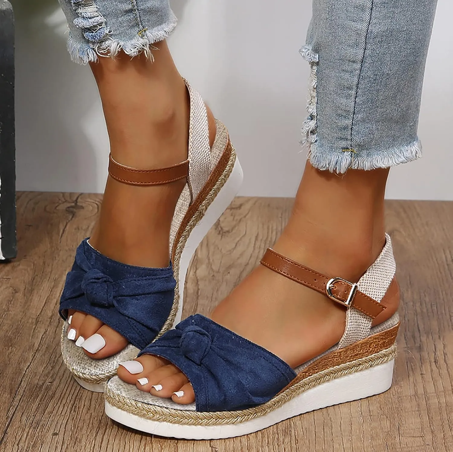 Cathalem Summer Sandals for Women 2024,Summer Platform Cork Wedges Espadrille Heel Strappy Leather Arch Support Sandals