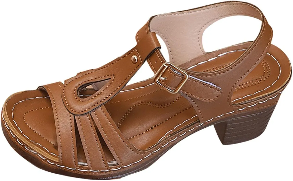 Chunky Heel Sandals for Women 2025 Spring Summer Trendy Open Toe Shoes Adjustable Ankle Strap Pu Leather Sandals
