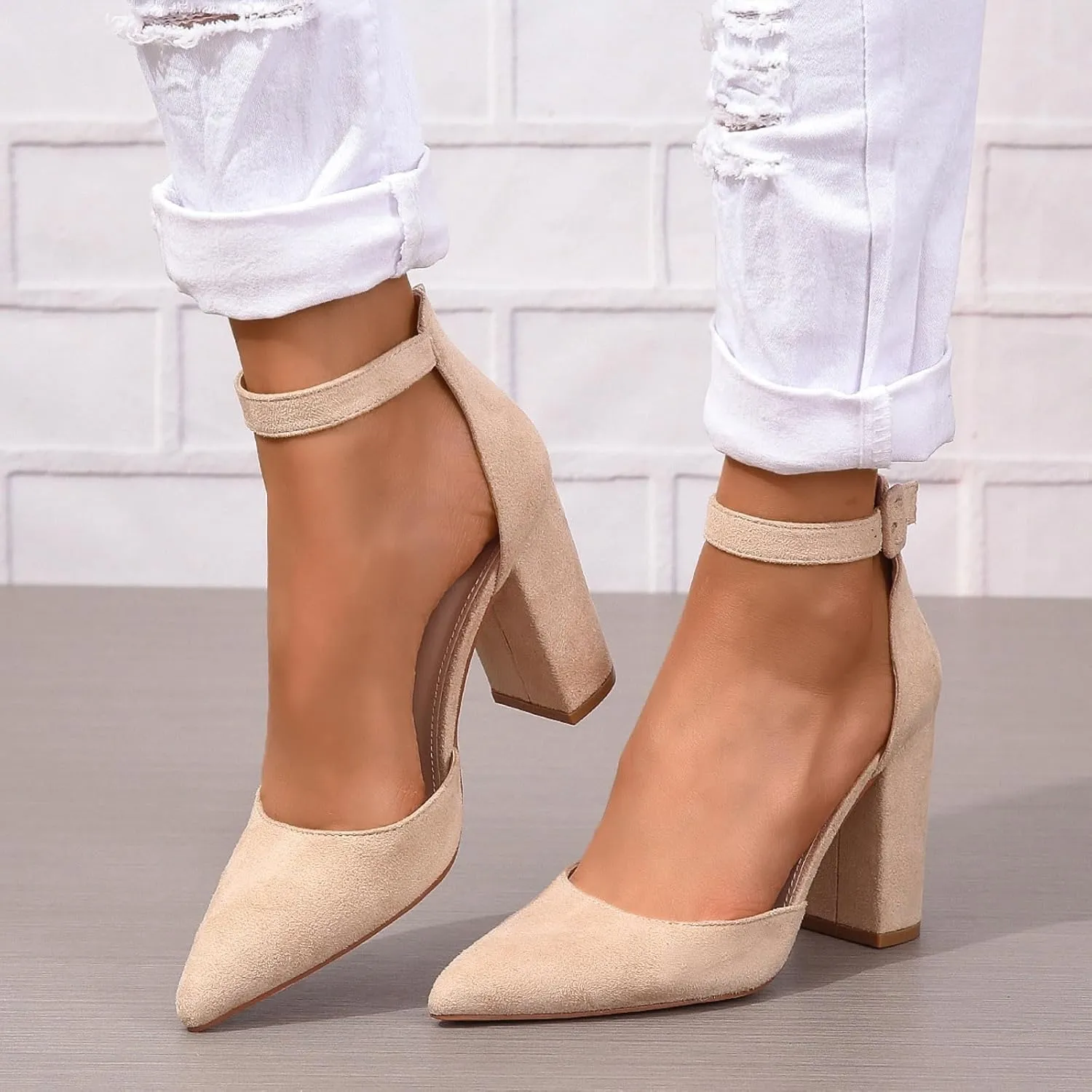Chunky Heels for Women Closed Toe Block Wedding Pumps Shoes Bridal High Heel Buckle Dress Shoes Ankle Strap