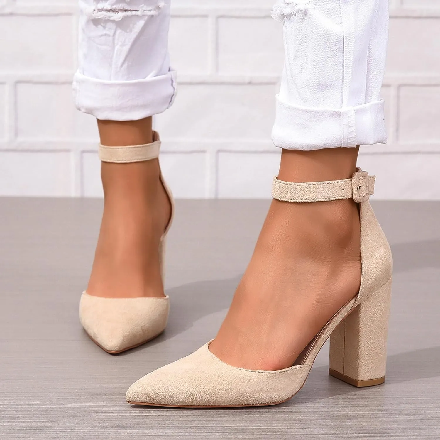 Chunky Heels for Women Closed Toe Block Wedding Pumps Shoes Bridal High Heel Buckle Dress Shoes Ankle Strap
