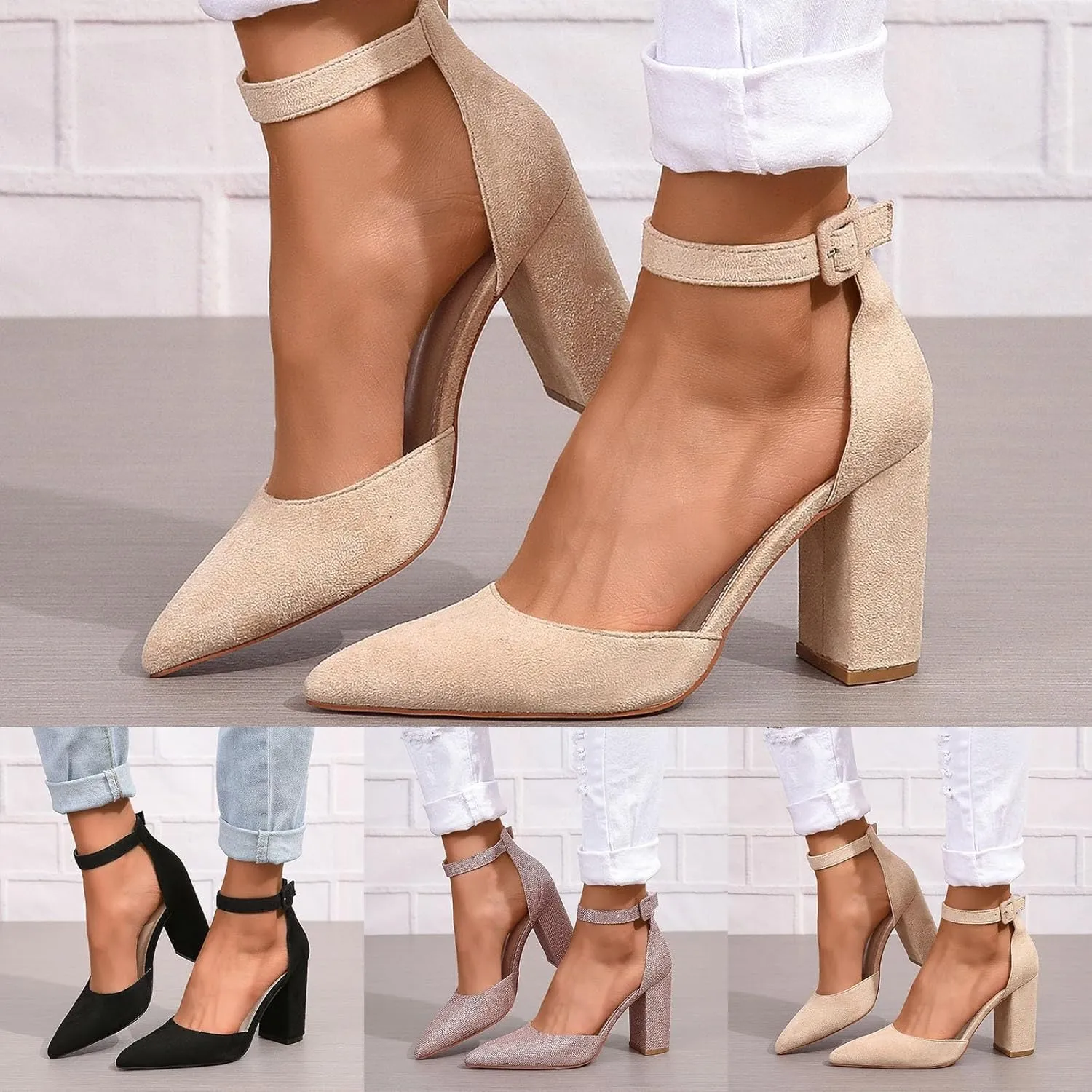 Chunky Heels for Women Closed Toe Block Wedding Pumps Shoes Bridal High Heel Buckle Dress Shoes Ankle Strap