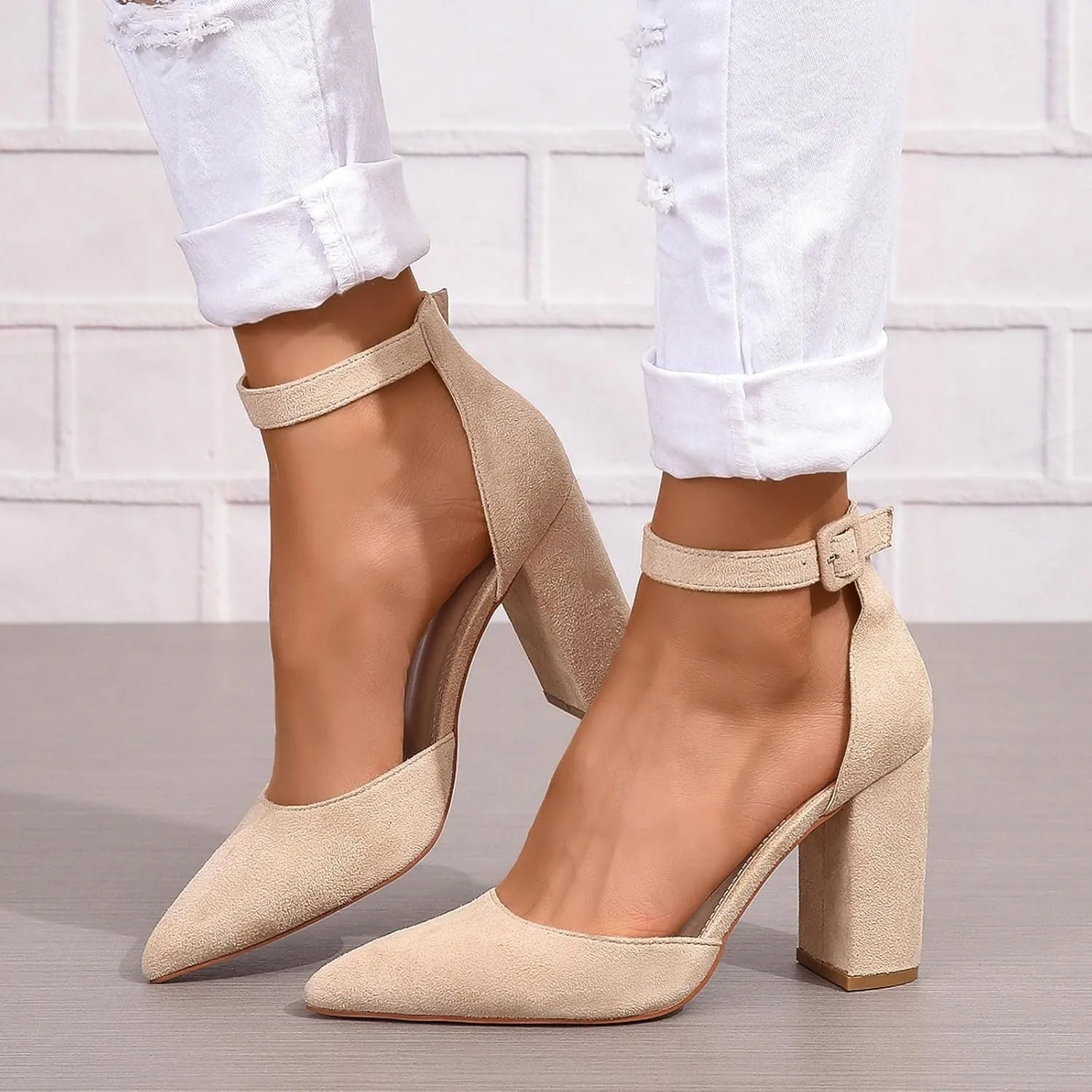 Chunky Heels for Women Closed Toe Block Wedding Pumps Shoes Bridal High Heel Buckle Dress Shoes Ankle Strap