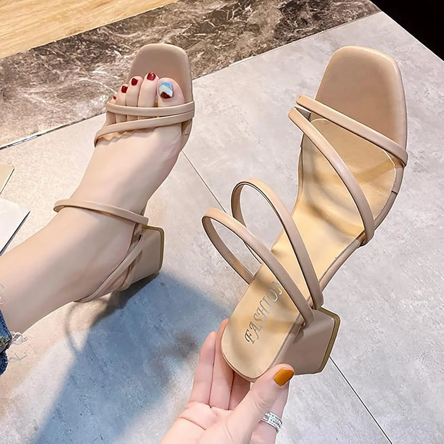 Chunky Heels for Women Strappy Low Heels Vacation Sandals Square Toe Chunky Sandals Ankle Buckle Block Heeled