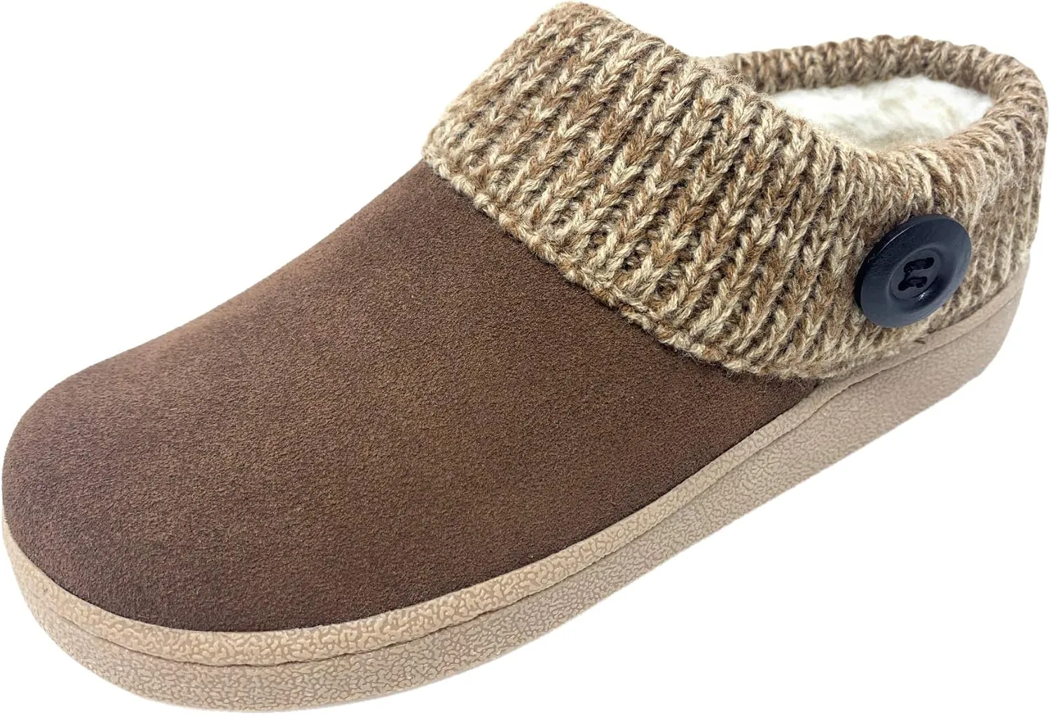 Clarks Suede Leather Knitted Collar Clog Plush Faux Fur Lining Slippers Lt Brown (11, Lt Brown)