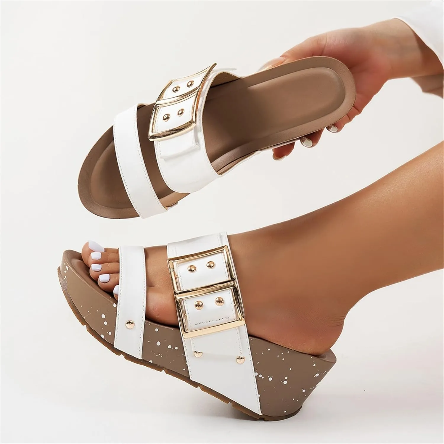 Comfort Wedge Sandals for Women Faux PU Leather Slip On Platform Rome Espadrille Sandals for Beach Party Holiday