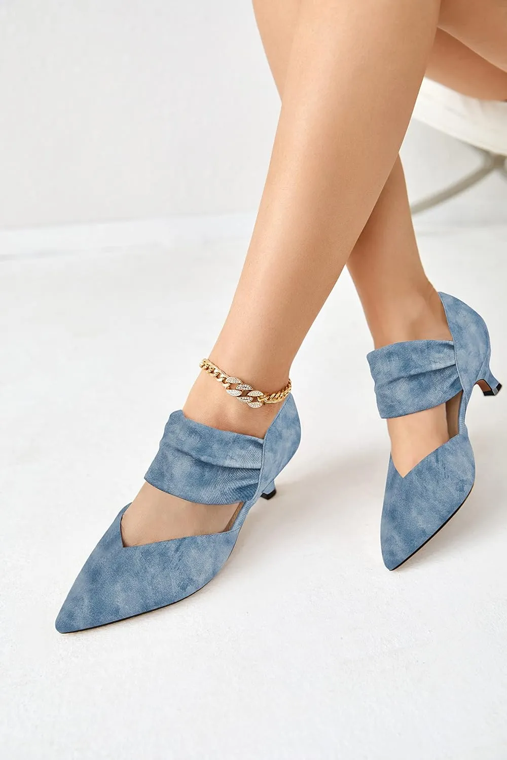 Coutgo Womens Low Kitten Heel Dress Shoes Pointed Toe Slip on Ankle Strap Cutout Elegant Party Wedding Pumps
