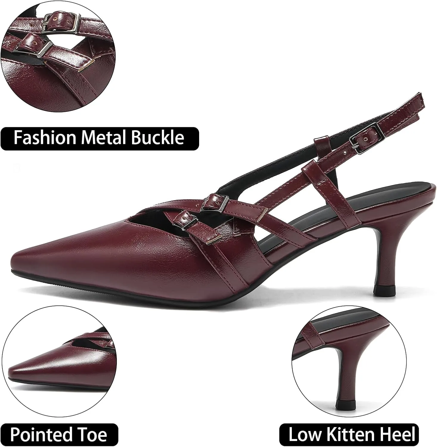 Cozivwaiy Slingback Kitten Heels for Women Pointed Toe Kitten Heel with Buckle Formal Elegant Business Shoes