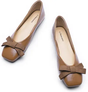 C.Paravano Women's Flats with Bowknot | Comfort Square Toe Ballet Flats | Casual Slip On Brown Flat Shoes | Women Dress Shoes for Walking Wedding Work Office (Size 8,Brown)
