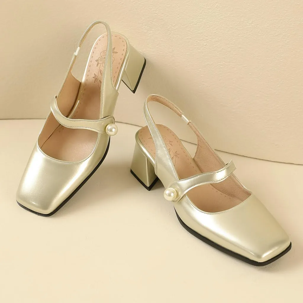 DINTAHA Womens Square Toe Slingback Heels Patent Leather Chunky Mary Jane Heels